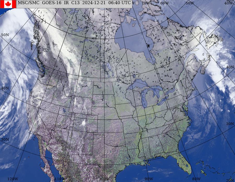 Image composite de l’Amérique du Nord provenant des satellites GOES – Est/Ouest (infrarouge et topographie)