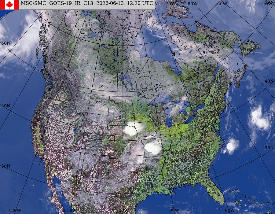 Image composite de l’Amérique du Nord provenant des satellites GOES – Est/Ouest (infrarouge et topographie)