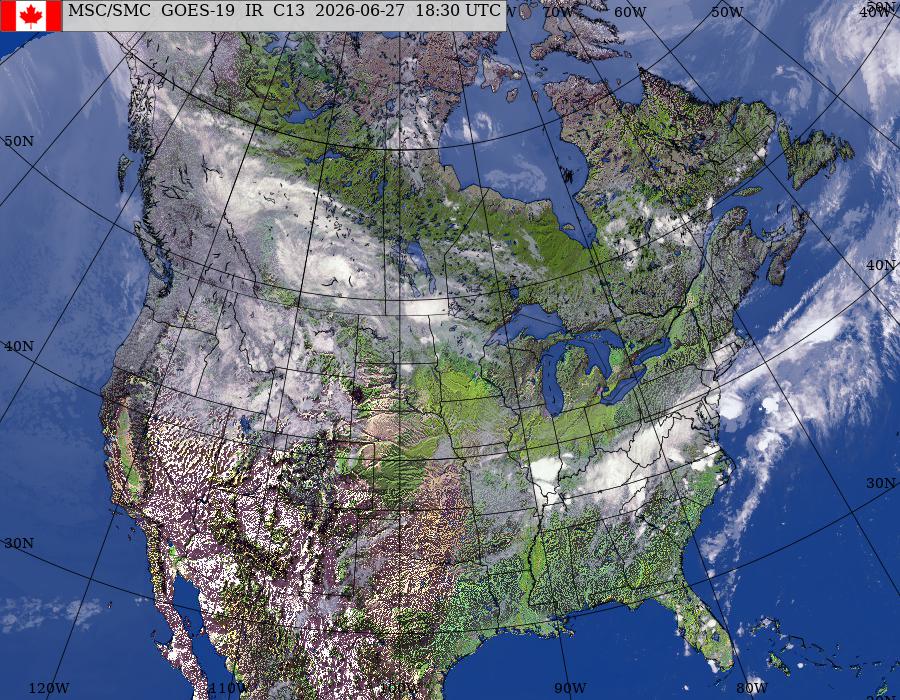 Image composite de l’Amérique du Nord provenant des satellites GOES – Est/Ouest (infrarouge et topographie)